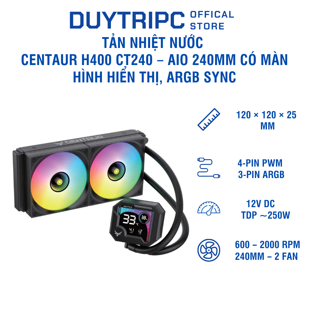 Tản nhiệt nước Centaur H400 CT240 – AIO 240mm có màn hình hiển thị, ARGB Sync, hiệu năng ổn định